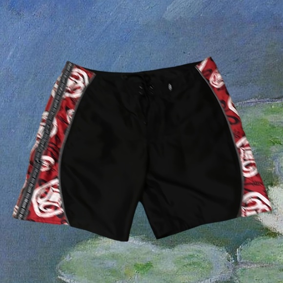 Maui Built Hawaii Black & Red Classic All Over Logo Surf Board Shorts Men’s 48 - Picture 1 of 7